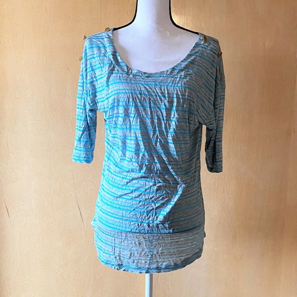 NWT Sz 2X Libian Blue/Gray Stripe 3/4 Sleeve Top - Picture 1 of 6